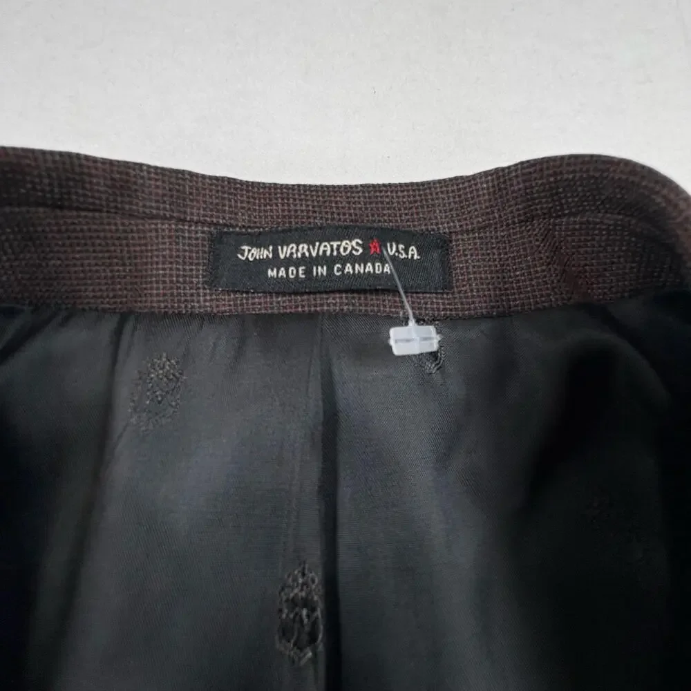 John Varvatos Sport Coat Blazer Mens 40L Brown Check 100% Wool Tweed Made Canada